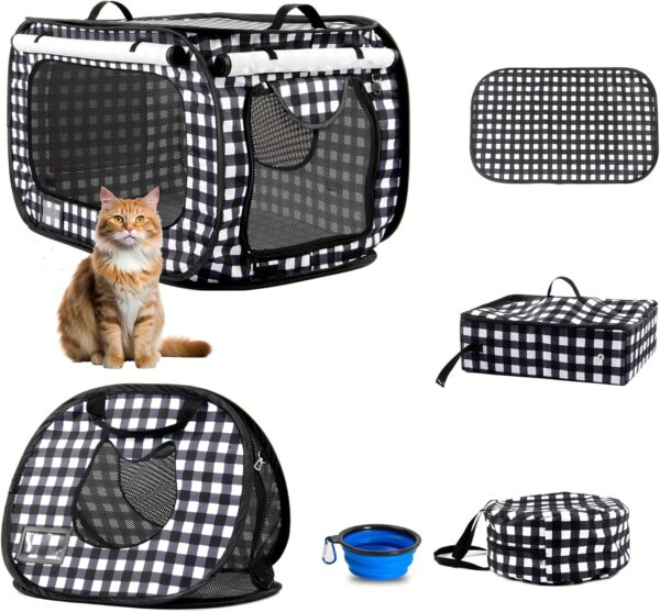 Portable Cat House Sets,Large Pop up Kennel Soft Pet Crates with Cat Carrier,Included Foldable Travel Little Box Pet Mattress Food Bowl 4 Stakes and Carrybag (BLACK&WHITE)