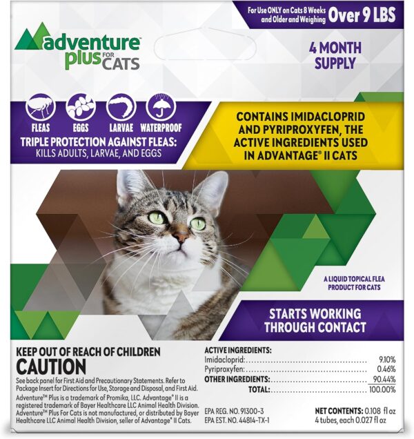 Adventure Plus Triple Flea Protection for Cats – Spot on Flea & Tick Prevention for Cats 9lbs & over – 4 Doses