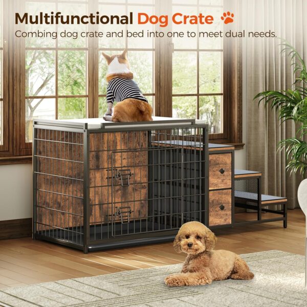 Dog Crate Furniture, 53.1" Wooden Dog Kennel with Storage Drawers and Pull-Out Tray, Dog Window Perch with Steps and Bed, Heavy Duty Dog Cage for Small/Medium Dogs, Rustic Brown DCHR11101 - Image 2