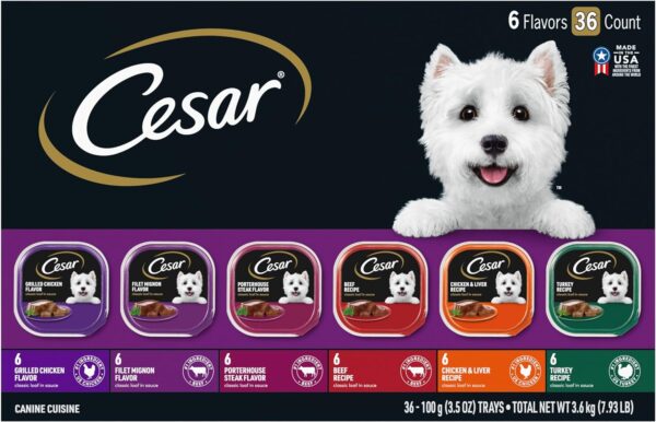 CESAR Adult Wet Dog Food Classic Loaf in Sauce Grilled Chicken, Filet Mignon, Porterhouse Steak, Beef, Chicken & Liver and Turkey Variety Pack, 3.5 Ounce (Pack of 36)