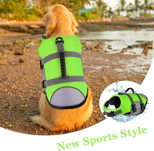 Dog Life Jacket, Reflective & Adjustable Dog Life Vest with Rescue Handle for Swimming and Boating, Ripstop Pet Safety Life Preserver for Small, Medium and Large Dogs Green - Image 2