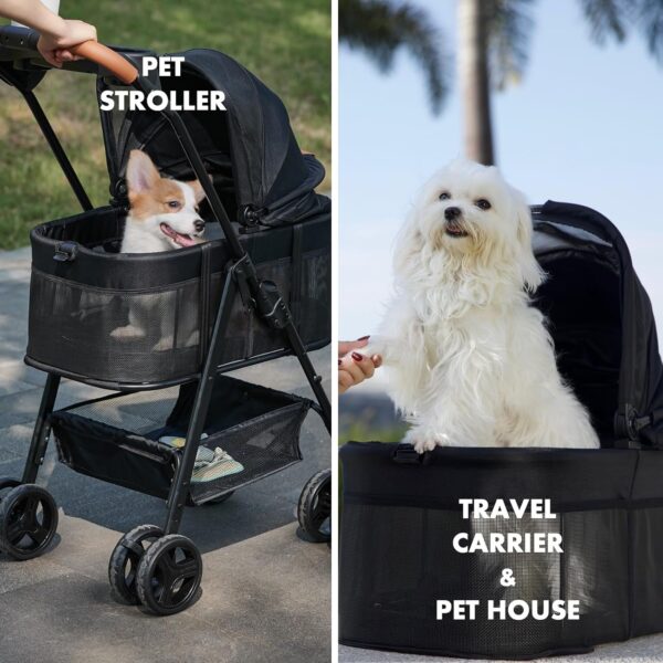 3 in 1 Folding Dog Stroller, Pet Folding Stroller, 4 Wheels Dog/Cat Puppy Stroller w/Removable Travel Carrier for Small/Medium Pet, Waterproof Pad, Car Seat, Sun Shade - Image 8