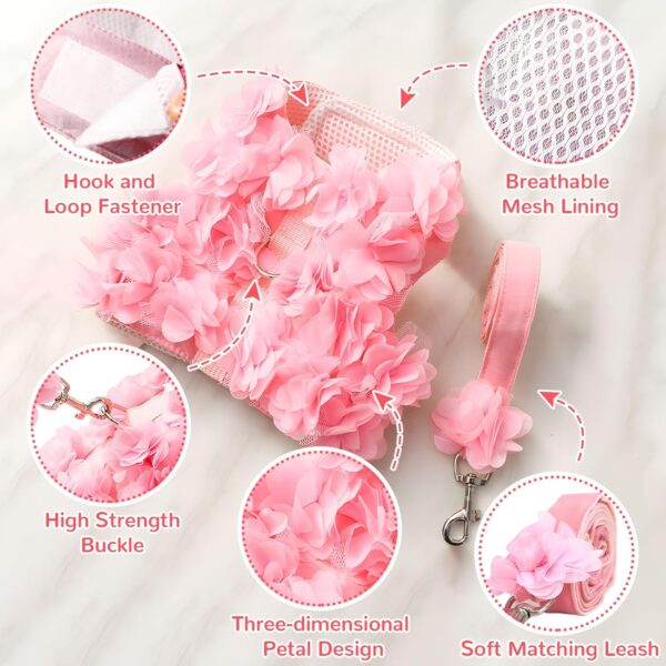 Cute Small Dog Harness and Leash Set Pink Lace Floral Girl Puppy Harness for Small Dogs Cats Soft Mesh Small Sized Dog Vest Harness Escape Proof Pet Cat Harness Outfits - Image 4