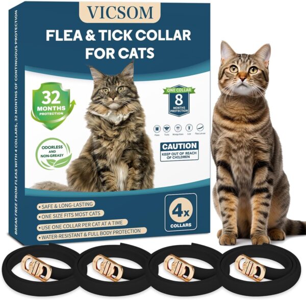 4 Pack Flea Collar for Cats, Cat Flea and Tick Collar 32 Months Cat Flea and Tick Treatment Collars, Waterproof Adjustable Cats Kitten Flea Collar, Tick and Flea Prevention Collar for Cat, Black