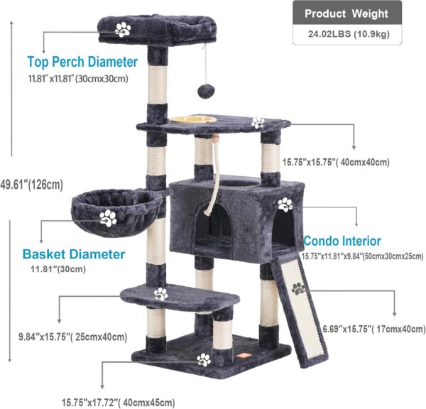 Heybly Cat Tree, Cat Tower for Indoor Cats with Scratching Board, Multi-Level Cat Furniture Condo with Feeding Bowl Smoky Gray HCT010G - Image 4