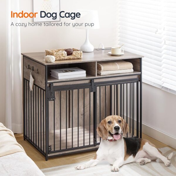 HOOBRO Dog Crate Furniture with Drawers, 39.4" Wooden Dog Kennel Indoor with Charging Station, Heavy Duty Dog Crate with Sliding Barn Door for Medium/Large Dog, Greige and Black BG182UGW03 - Image 6