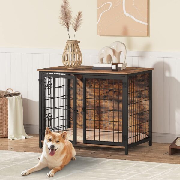 Dog Crate Furniture with Cushion, Wooden Dog Kennel with Double Doors, Heavy Duty Dog Cage for Small/Medium/Large Dogs, Indoor Dog House End Table, 31.5" L, Rustic Brown DCHR0701Z1 - Image 7