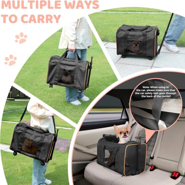 Cat Dog Carrier with Wheels, Airline Approved Pet Carrier for Small Dogs, Soft Sided Pet Travel Carrier with Telescopic Handle and Shoulder Strap (Black) - Image 4