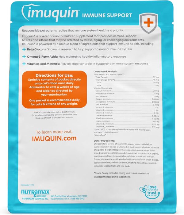 Nutramax Imuquin Immune Health Supplement Powder for Cats, with Beta Glucans, Marine Lipids, Vitamins and Minerals, 30 Packets - Image 2