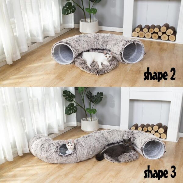 LUCKITTY Warm Fluffy Plush Cat Dog Tunnel Bed with Washable Cushion-Big Tube Playground Toys 3 FT Diameter Longer Crinkle Collapsible 3 Way, for Indoor Cat Kitty Kitten Puppy Rabbit Ferret Brown - Image 2