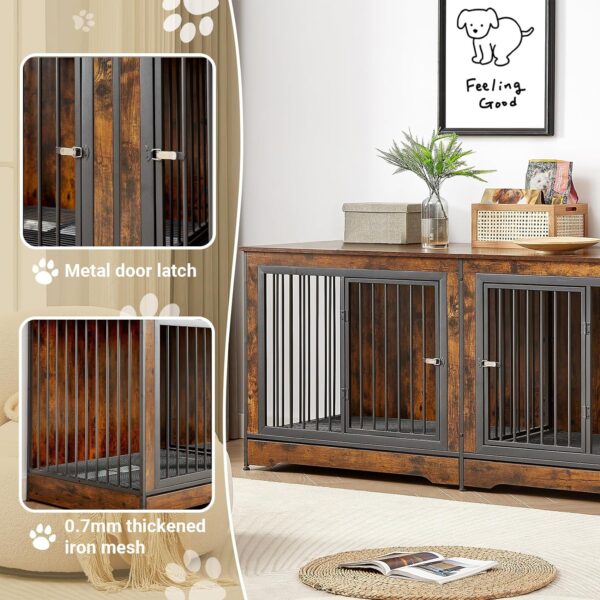 75'' Double Dog Crate Furniture for 2 Large Dogs, Heavy Duty Dog Crate, Furniture Style Dog Crate End Table, Wood Crates for Dogs Kennel Indoor, Decorative Dog Crate with Double Door, Brown - Image 2