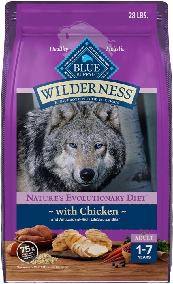 Blue Buffalo Wilderness Natural High-Protein, Small-Bite Dry Food for Adult Dogs, with Wholesome Grains, Chicken, 28-lb bag.