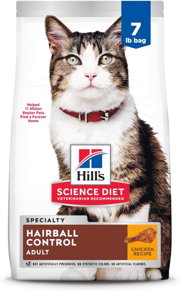 Hill's Science Diet Hairball Control, Adult 1-6, Hairball Control Support, Dry Cat Food, Chicken Recipe, 7 lb Bag