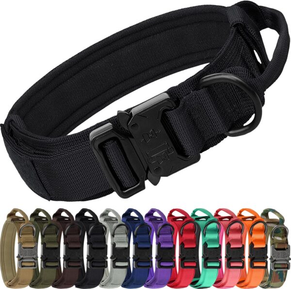 Joytale Tactical Dog Collar with Handle, Heavy Duty Military Dog Collar with 2 Patches for Training, Adjustable Tactical Collars for Medium Dogs, Black, M