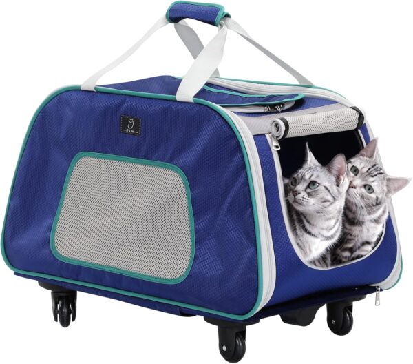 A 4 Pet Dog Carrier with Wheels,Foldable Rolling Pet Carrier Up to 33 LBS with Removable Base, Extendable Handle & 4-Wheels Design, Mesh Ventilation Windows and Safety Rope,Navy Blue