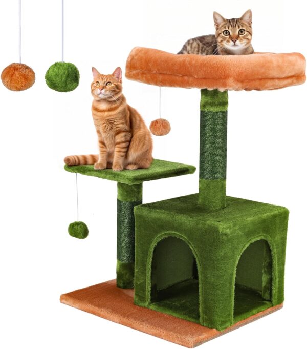 AGYM Cat Tree for Indoor Cats, 100% Sisal Cat Scratching Posts and Fluffy Balls, 26" Height Cat Tree Tower with Condo, Cozy Removable Top Bed Perch Cat Furniture, Green