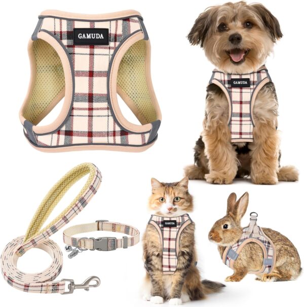 GAMUDA Small Dog Harness Collar and Leash Set, Step in No Chock No Pull Soft Mesh Adjustable Dog Vest Harnesses Plaid Reflective for Dogs Puppy Cats Kitten Rabbit (Beige, S)