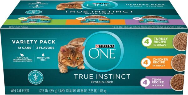 Purina ONE Natural, High Protein Wet Cat Food Variety Pack, True Instinct Turkey, Chicken and Tuna Recipes - (Pack of 2 Packs of 12) 3 oz. Cans