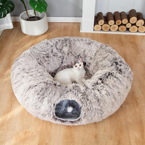 LUCKITTY Warm Fluffy Plush Cat Dog Tunnel Bed with Washable Cushion-Big Tube Playground Toys 3 FT Diameter Longer Crinkle Collapsible 3 Way, for Indoor Cat Kitty Kitten Puppy Rabbit Ferret Brown - Image 6