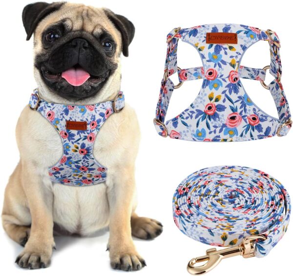 No Pull Floral Pattern Dog Harness- Lightweight and Soft Dog Harness, Adjustable Small Dog Harness and Leash Set, with Dog Leash, Suitable for Puppy Small and Medium-Sized Dog (S, Blue Rose)