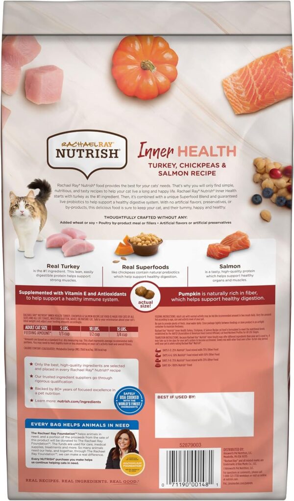 Rachael Ray Nutrish Inner Health Premium Natural Dry Cat Food with Added Vitamins, Minerals & Other Nutrients, Turkey with Chickpeas & Salmon Recipe, 3 Pounds - Image 4