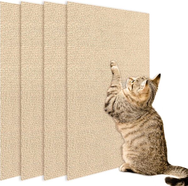 4 Pack Cat Scratch Mats 24”x16”, Self-Adhesive Trimmable Cat Scratching Post Carpet Cat Floor Scratching Pad Rug Cat Tree Replacement Parts Mat Cat Scratcher for Step Couch Furniture Protector(Beige)