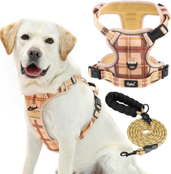 PUPTECK No Pull Dog Harness and Leash Set with Handle Reflective Adjustable Padded Vest Escape Proof for Small Medium Large Dogs Walking Training Hiking, Plaid Beige L