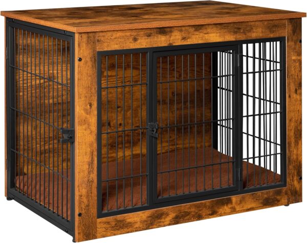 Dog Crate Furniture with Thick Cushion, Side End Table Wooden Dog Cage with Double Doors, Chew-Resistant Dog Kennel Dog House Indoor for Small to Large Dog, L