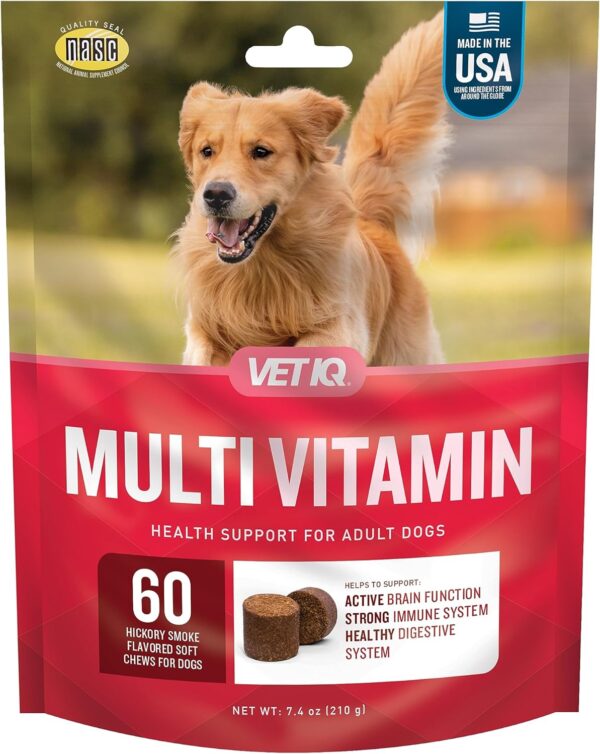 VetIQ Multivitamin Supplement for Dogs, Supports Active Brain Function, Immune System, and Digestive System, Hickory Smoke Flavored Dog Multivitamin, Made in The USA, 60 Count