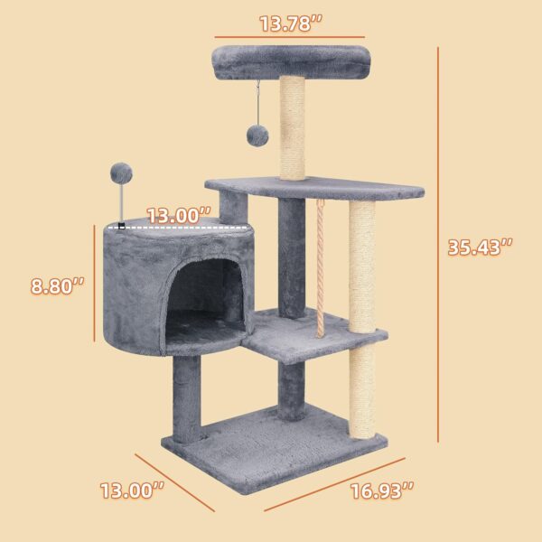 TINWEIUS Multifunctional Cat Tree for Indor Cats, Cat Tower with Cozy Condo, Perches, Scratching Posts and Hanging Rope, Grey - Image 3