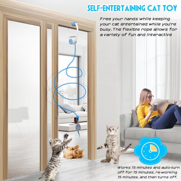 Cat Toy Interactive for Indoor Cats, Smart USB Rechargeable Door Hanging Automatic Retractable Kitten Toys, Teaser Electronic Self Play Feather Cat String Toys Attached with 3 Catnip Mice White - Image 2