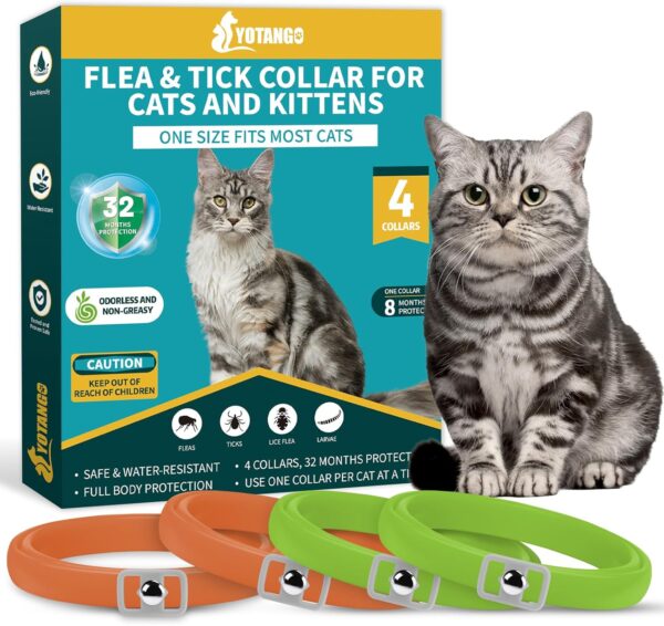 4 Pack Flea Collar for Cats, Cat Flea and Tick Collar 8 Months Cat Flea Collar Treatment Prevention, Adjustable Waterproof Cat Flea Collar Kitten Natural Tick and Flea Collar for Cat (Oragne&Green)