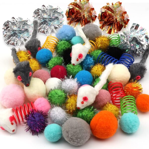 60 Packs Cat Toys Balls Set Spiral Springs Assorted, Kitten Ball Toys Assortments, Sparkle Ball, Cat Mouse Toy, Cat Crinkle Balls, Cat Springs, Furry Cat Toys Balls Soft Pom Pom Balls