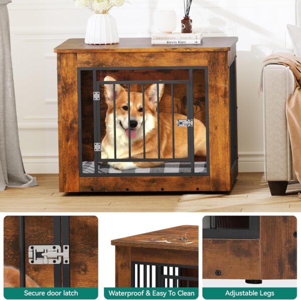 YITAHOME Dog Crate Furniture for Medium Dogs, Side End Table, Modern Dogs Kennel Indoor up to 35 lb, 2-in-1 Iron-Wood Fusion Dog Cage with Waterproof Top, Safety Corners,Steel Lock,30"L, Rustic Brown - Image 3