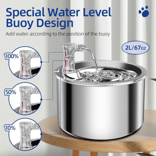 Cat Water Fountain, Stainless Steel Pet Water Fountain for Cats inside Ultra-Quiet Pump, 2L/67oz Automatic Dog Dispenser Water Bowl, Multiple Pets Water Fountain - Image 2