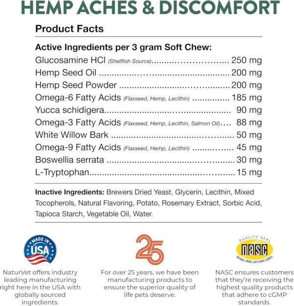 NaturVet Hemp Aches & Discomfort Plus Hemp Seed for Dogs, 60 ct Soft Chews, Made in The USA - Image 8