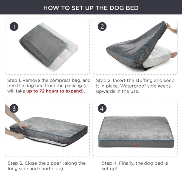 Bedsure Entire Waterproof Large Dog Bed - 4 inch Thicken Up to 80lbs Large Dog Bed with Removable Washable Cover, Pet Bed Mat Pillows, Grey - Image 5