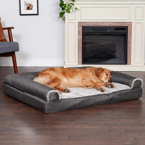 Furhaven Orthopedic Dog Bed for Large Dogs w/ Removable Bolsters & Washable Cover, For Dogs Up to 95 lbs - Luxe Faux Fur & Performance Linen Sofa - Charcoal, Jumbo/XL - Image 3