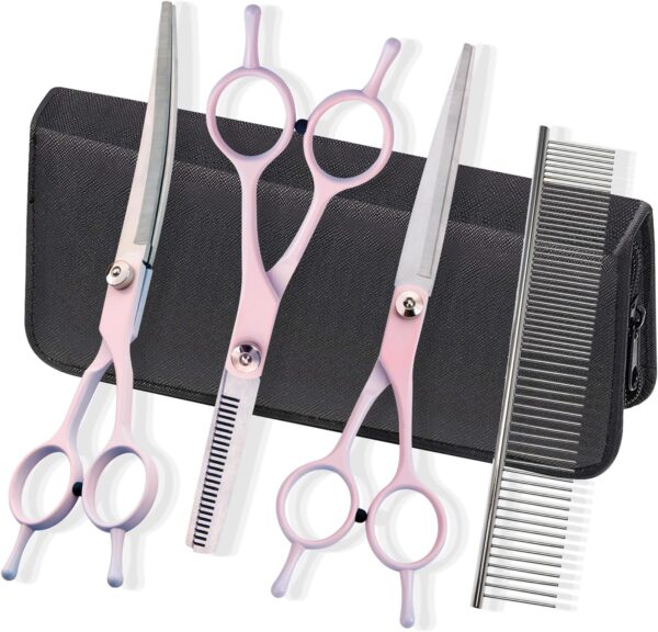 Dog Grooming Scissors Kit, Fcysy Professional Dog Trimming Scissors Set, Hair Cutting Scissors for Pet Dog Cat Grooming at Home, Curved Dog Scissors Pet Thinning Shears, Pet Grooming Supplies