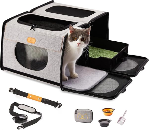 Cat Carrier with Litter Box for Travel, Cat Bags for Bath, Collapsible Pet Carrier for Cats Puppies Car, 2 Cat Travel Carrier Large, Double Pet Carrier (Style-1)