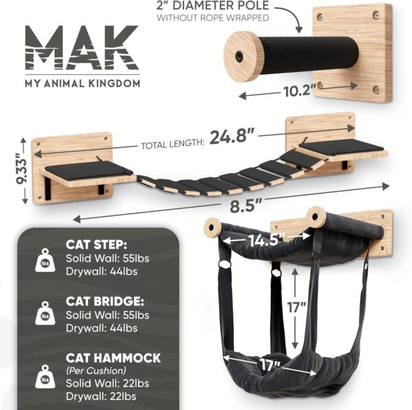 Cat Wall Shelves Set - Cat Wall Furniture with 2 Cat Climbing Shelves, Cat Bridge & Double Cat Hammock Bed - Modern Cat Shelves and Perches for Wall Perfect for Small to Large Kitty - Image 5