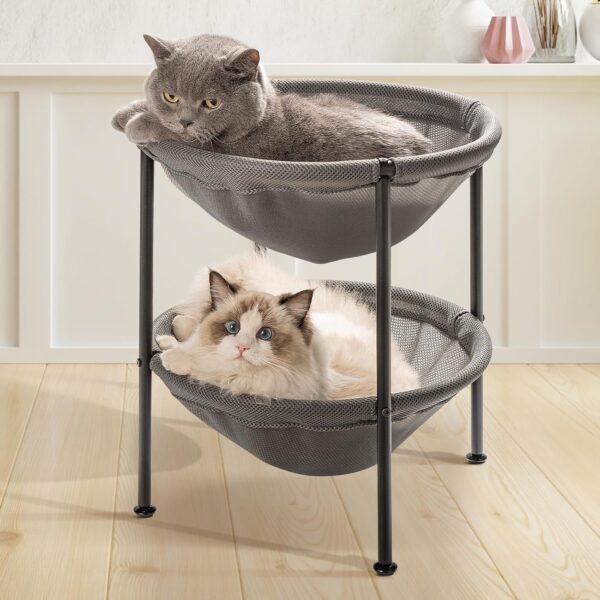 Double Cat Bed Gray, Breathable Cat Bed for 2 Cats with 4 Adjustable Feet & Anti-Slip Mats, Easy Assembly Cat Hammock for Multi-cat Household, Indoors & Outdoors, 22.8 in x18.7 in x 18.7 in