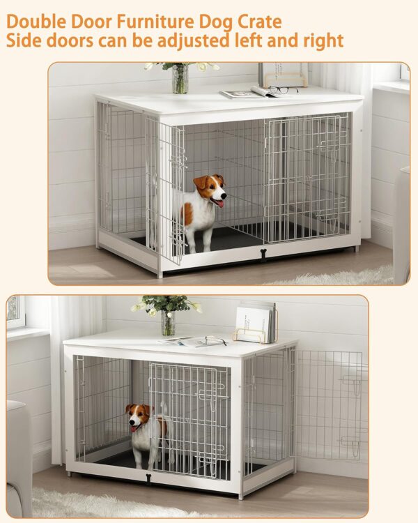 Piskyet Wooden Dog Crate Furniture with Divider Panel, Dog Crate End Table with Fixable Slide Tray, Double Doors Dog Kennel Indoor for Dogs(L:37.8" L*25.1" W*26.3" H,White) - Image 6