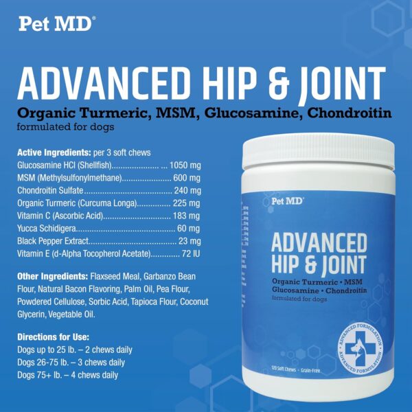 Pet MD Glucosamine for Dogs | Dog Joint Supplement with Glucosamine, Chondroitin & MSM - Inflammatory Pain Relief Chews for Hip & Joints - Bacon Flavored - includes Yucca & Turmeric - 120 Ct - Image 5