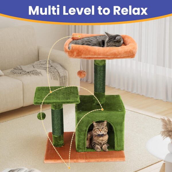 AGYM Cat Tree for Indoor Cats, 100% Sisal Cat Scratching Posts and Fluffy Balls, 26" Height Cat Tree Tower with Condo, Cozy Removable Top Bed Perch Cat Furniture, Green - Image 3