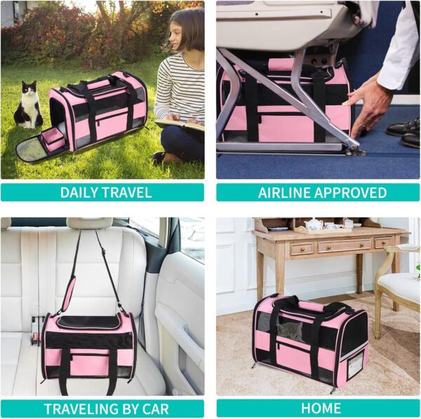 Cat Carrier Pet Carrier Airline Approved for Small Dogs Medium Cats Puppies 15 Lbs Dog Carrier with Reflective Strip, Collapsible Soft Sided Dog Travel Carriers - Pink - Image 6