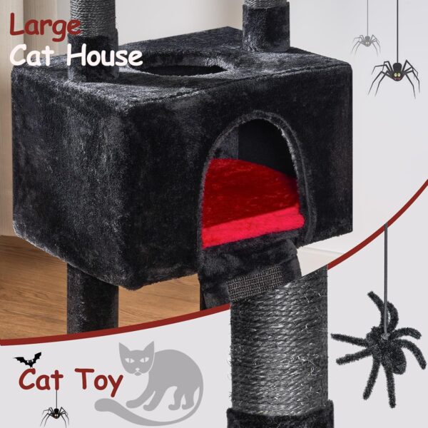 BEWISHOME Gothic Cat Tree with Coffin Cat Bed Goth Cat Tower Coffin Cat Tree with Spacious Cat Condo, Soft Cushion, Scratching Post, Spider Hanging Ball Halloween Black Red Pet Furniture MMJ95R - Image 3