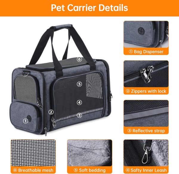 Cat Carrier Pet Travel Carrier by Airplane Approved under seat, TSA Airline Approved Soft-Sided carrier bag for cat,dogs,17.5 x 8.5 x 11 inches,Grey - Image 4