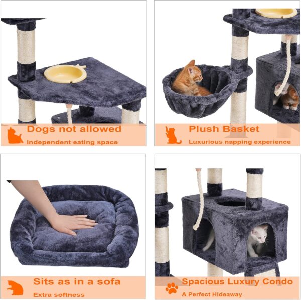 Heybly Cat Tree, Cat Tower for Indoor Cats with Scratching Board, Multi-Level Cat Furniture Condo with Feeding Bowl Smoky Gray HCT010G - Image 7