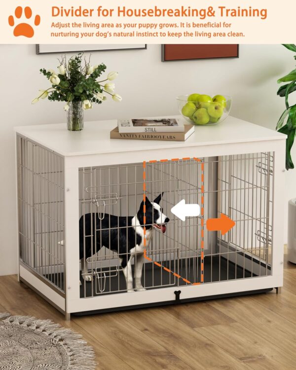 Piskyet Wooden Dog Crate Furniture with Divider Panel, Dog Crate End Table with Fixable Slide Tray, Double Doors Dog Kennel Indoor for Dogs(L:37.8" L*25.1" W*26.3" H,White) - Image 4